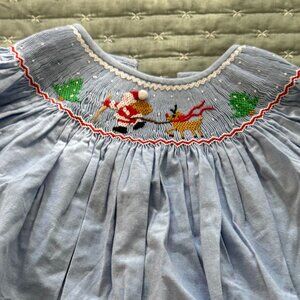NEW SWEET DREAMS Smocked Santa and Reindeer Embroidered Blue Dress